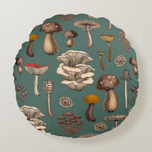 Wild Mushrooms on pine green Round Pillow
