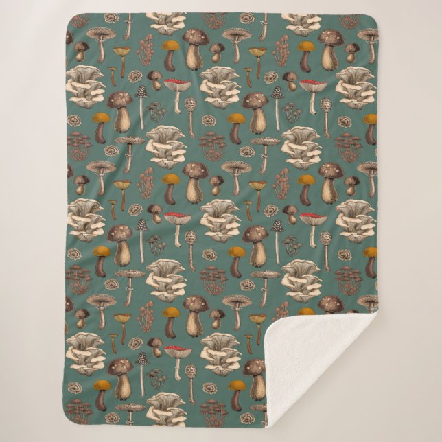 Wild Mushrooms  on pine green Sherpa Blanket (Front)