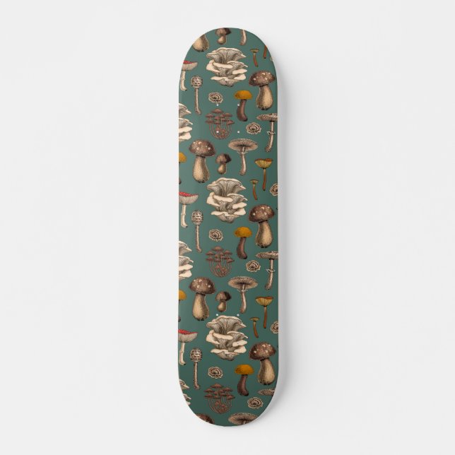Wild Mushrooms  on pine green Skateboard (Front)