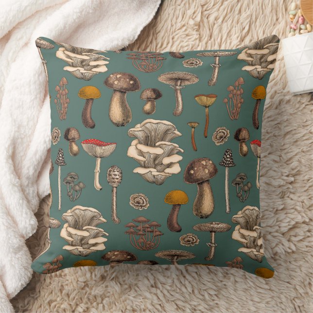 Wild Mushrooms  on pine green Throw Pillow (Blanket)
