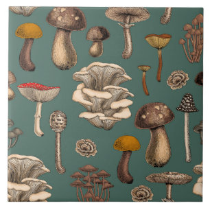 Wild Mushrooms  on pine green Tile