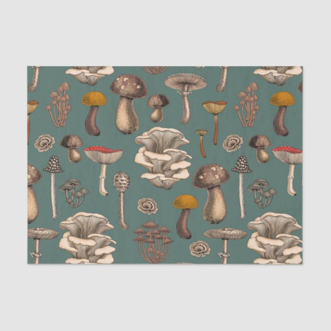 Wild Mushrooms  on pine green Tissue Paper (Front)