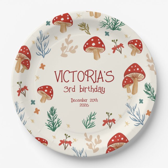 Wild Mushrooms Whimsical Forest Birthday Party Paper Plate (Front)