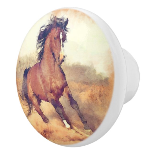 Wild Mustang Horse Watercolor Painting Ceramic Knob (Right)