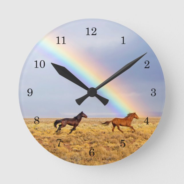 Wild Mustang Horses Running With Rainbow Round Clock (Front)