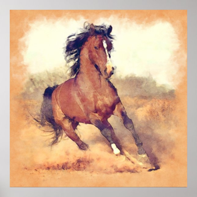 Wild Mustang Horses Stampede Watercolor Poster (Front)