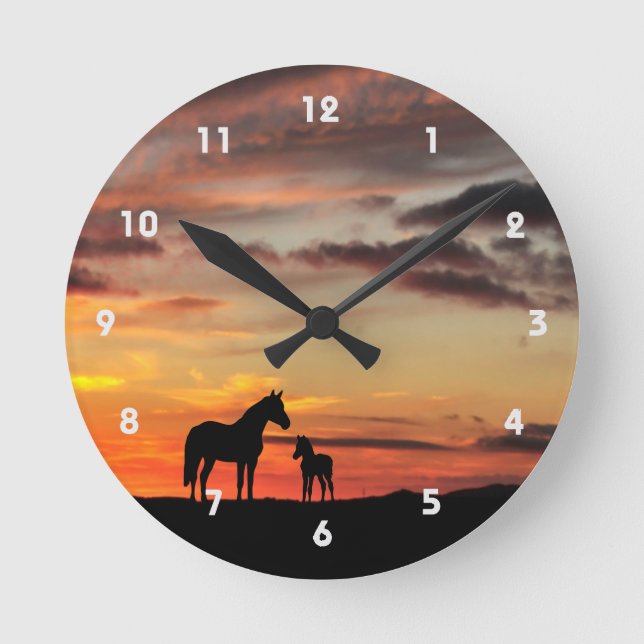 Wild Mustang Mare and Foal Silhouette With Sunset Round Clock (Front)