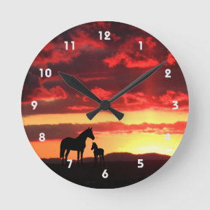 Wild Mustang Mare and Foal Silhouette With Sunset Round Clock