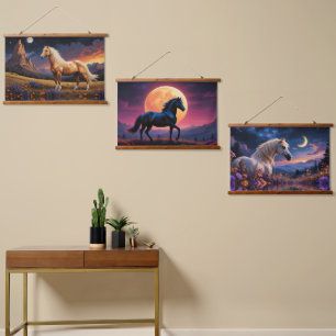 Wild mustangs Colourful night sky wildflowers Hanging Tapestry