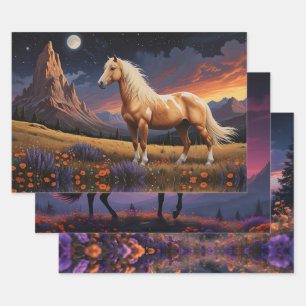 Wild mustangs Colourful night sky wildflowers Wrapping Paper Sheet