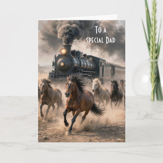 Wild Mustangs Running Alongside Vintage Train Card (Front)