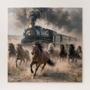 Wild Mustangs Running Alongside Vintage Train Jigsaw Puzzle