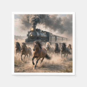 Wild Mustangs Running Alongside Vintage Train Napkin