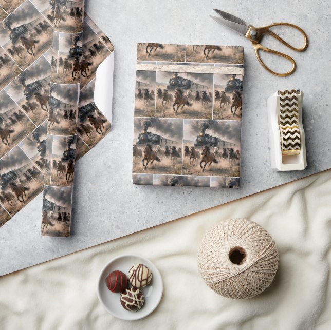 Wild Mustangs Running Alongside Vintage Train Wrapping Paper (Crafts)