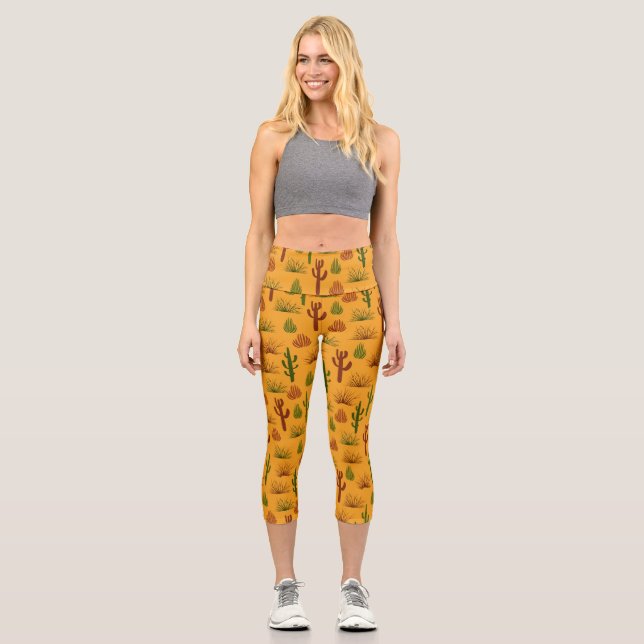 Wild Nature Cactus Bushes Pattern Capri Leggings (Front)