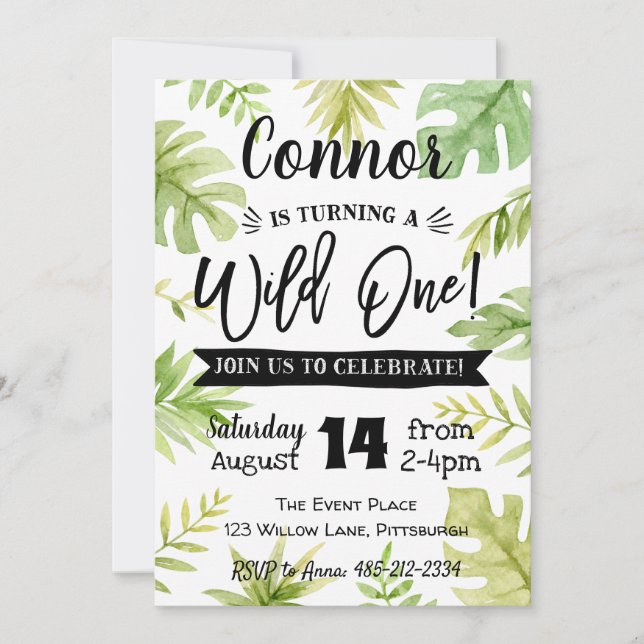 Wild One 1er anniversaire Invitation Jungle feuill (Devant)