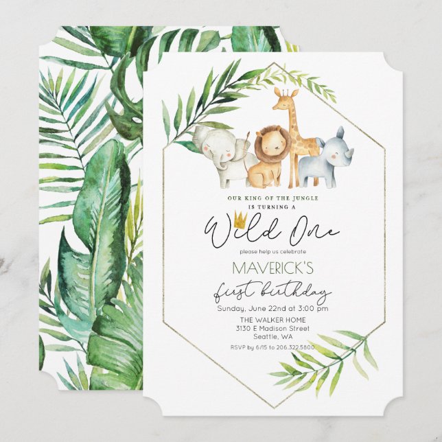 Wild One 1er anniversaire Jungle Safari Invitation (Devant / Derrière)