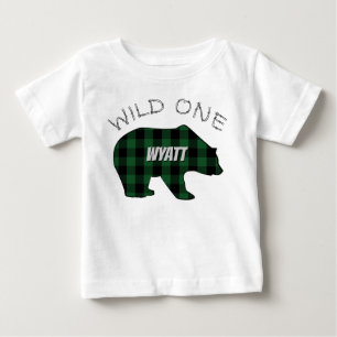 Wild One 1st Birthday Bear Green Lumberjack Plaid Baby T-Shirt