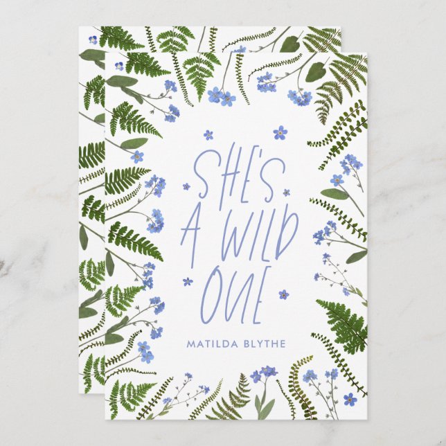 Wild one 1st birthday blue floral fern botanical invitation (Front/Back)