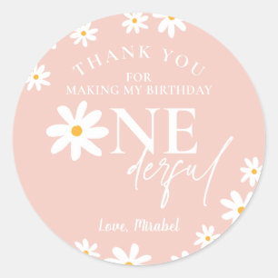 Wild One 1st Birthday Boho Retro Blush Pink Daisy Classic Round Sticker