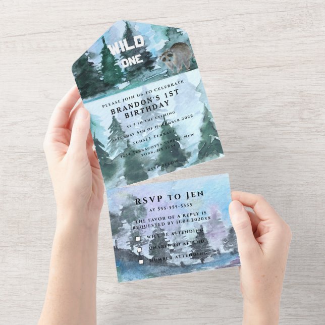 Wild One 1st Birthday Boy Rustic Animal Forest All In One Invitation (Tearaway)