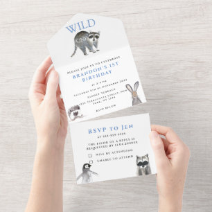 Wild One 1st Birthday Boy Rustic Animal Watercolor All In One Invitation