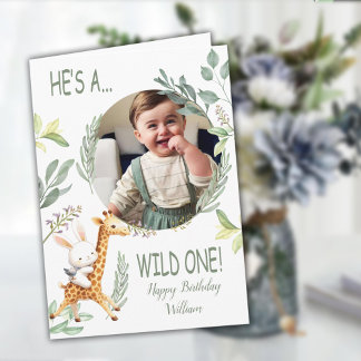 wild one 1st birthday Boy Sweet Animal watercolor Card