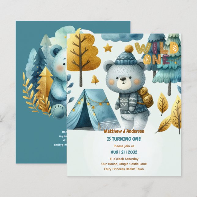 WILD ONE 1st Birthday Boys BEAR Camping (Front/Back)
