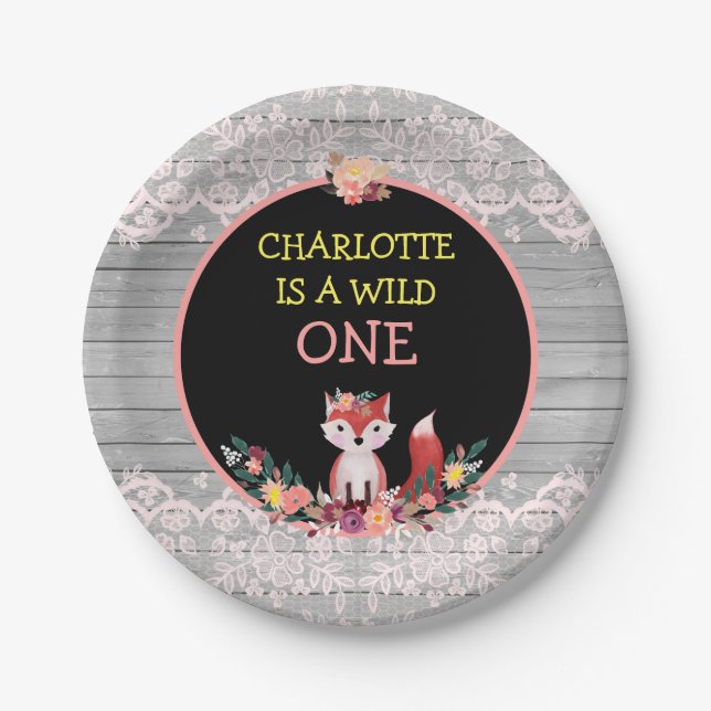 Wild ONE 1st Birthday Cute Fox & Flowers Paper Plate (Front)