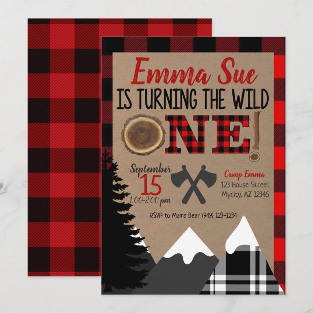 Wild One 1st Birthday Flannel Lumberjack Birthday Invitation (Front/Back)