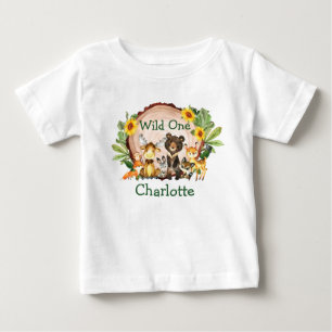 Wild One 1st Birthday Forest Animals Sunflowers Baby T-Shirt