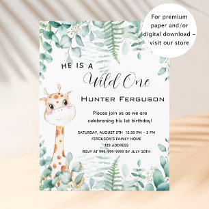 Wild one 1st birthday giraffe invitation