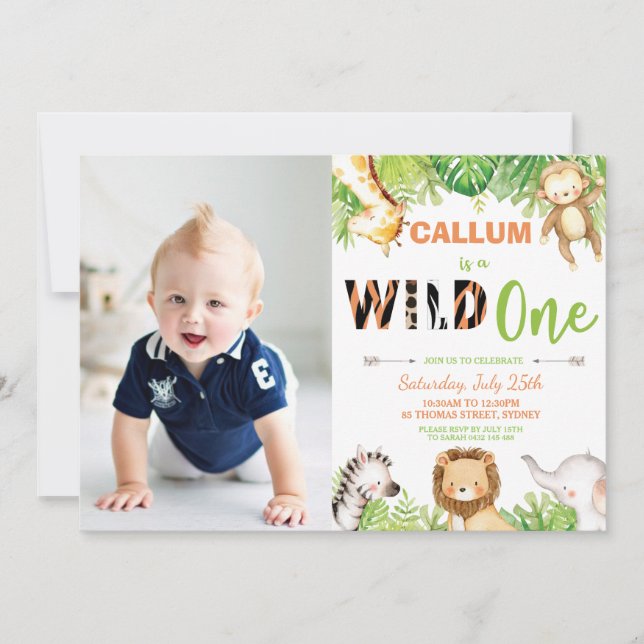 Wild One 1st Birthday Jungle Animals Boy Photo Invitation (Front)