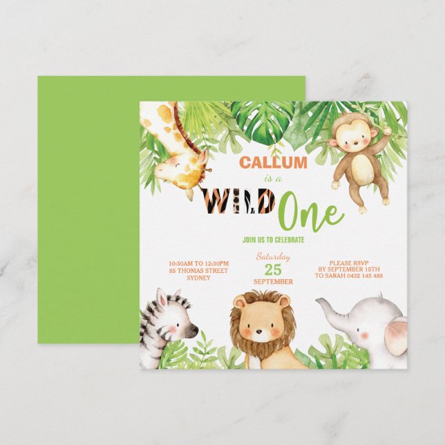 Wild One 1st Birthday Jungle Animals Boy Square Invitation (Front/Back)