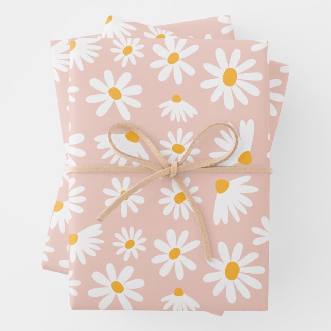 Wild One 1st Birthday Party Boho Blush Pink Daisy  Wrapping Paper Sheet (In situ)