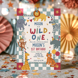 Wild One 1st Birthday Party Boy Party Animals Invitation