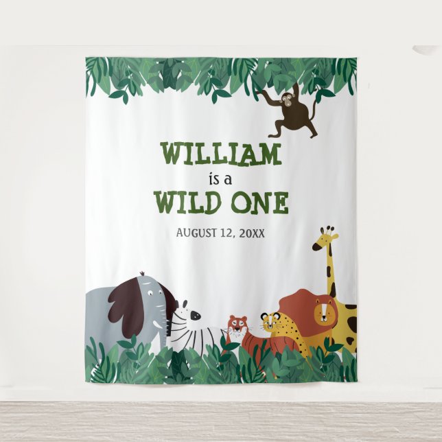 Wild One 1st Birthday Party Jungle Photo Backdrop Tapestry (Front)