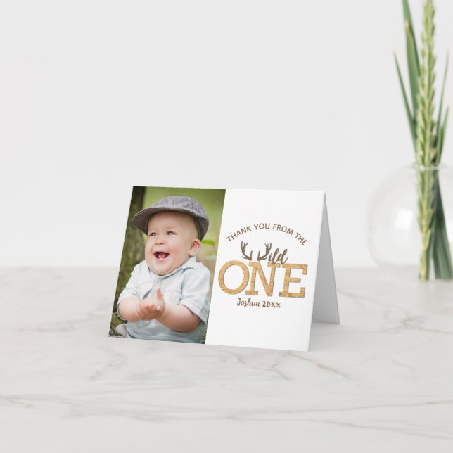 Wild One 1st Birthday Party Photo Thank You Card (Front)