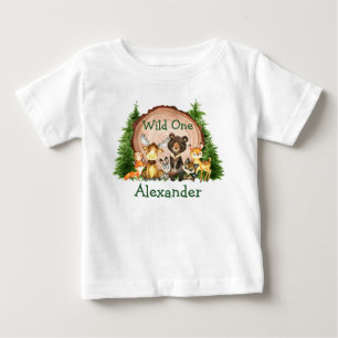 Wild One 1st Birthday Rustic Trees Forest Animals Baby T-Shirt