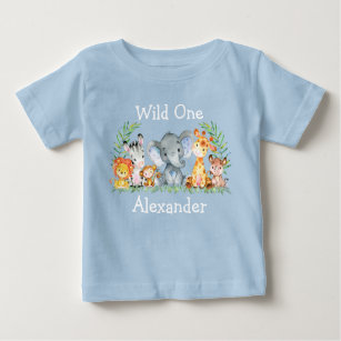 Wild One 1st Birthday Safari Animals Blue Baby T-Shirt