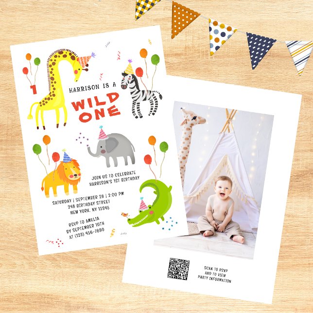 Wild One 1st Birthday Safari Animals Cute Photo In Invitation (Creator Uploaded)
