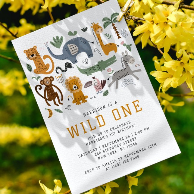Wild One 1st Birthday Safari Animals Cute Photo In Invitation (Creator Uploaded)