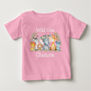 Wild One 1st Birthday Safari Animals Flowers Pink Baby T-Shirt