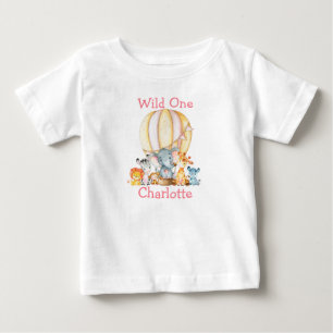 Wild One 1st Birthday Safari Animals Pink Balloon Baby T-Shirt