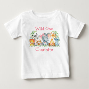 Wild One 1st Birthday Safari Animals Pink Bow Baby T-Shirt
