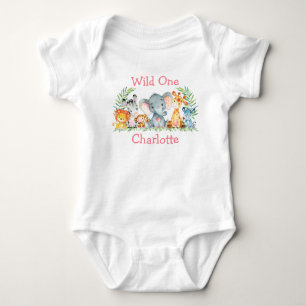 Wild One 1st Birthday Safari Animals White Pink  Baby Bodysuit