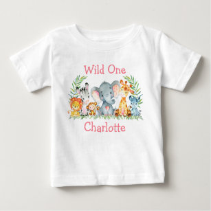 Wild One 1st Birthday Safari Animals White Pink Baby T-Shirt