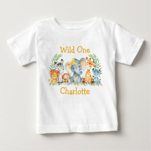 Wild One 1st Birthday Safari Animals Yellow Bow Baby T-Shirt