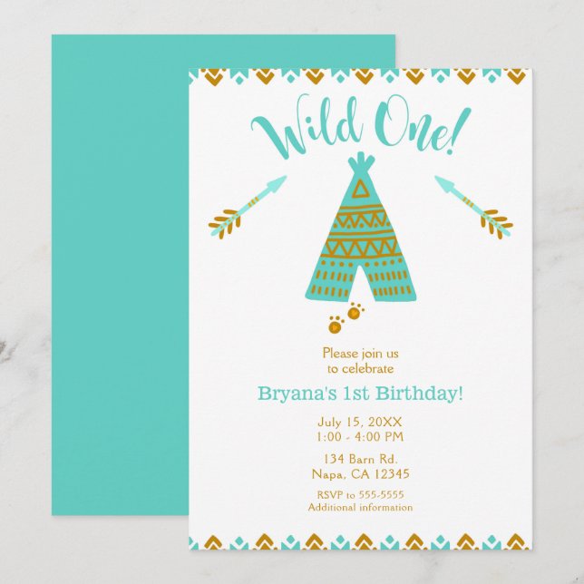 Wild One 1st Birthday Turquoise & Gold Tepee Party Invitation (Front/Back)