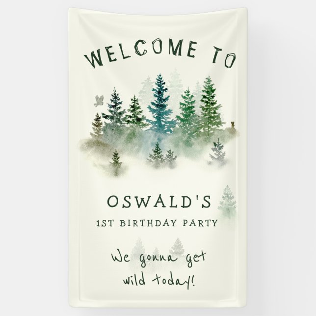 Wild One 1st Birthday Watercolor Woodland Animals Banner (Vertical)